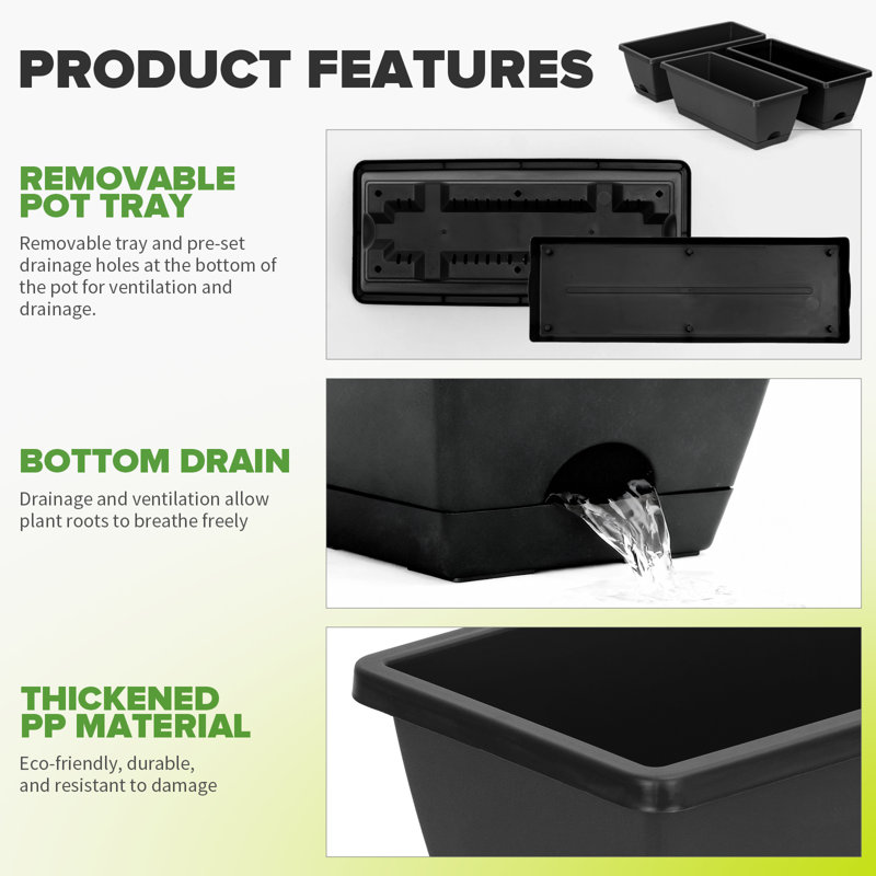 7-Pack Black Window Planter Boxes with Trays – Countryside Flower Boxes, Plastic Vegetable Planters for Windowsill/Patio/Garden