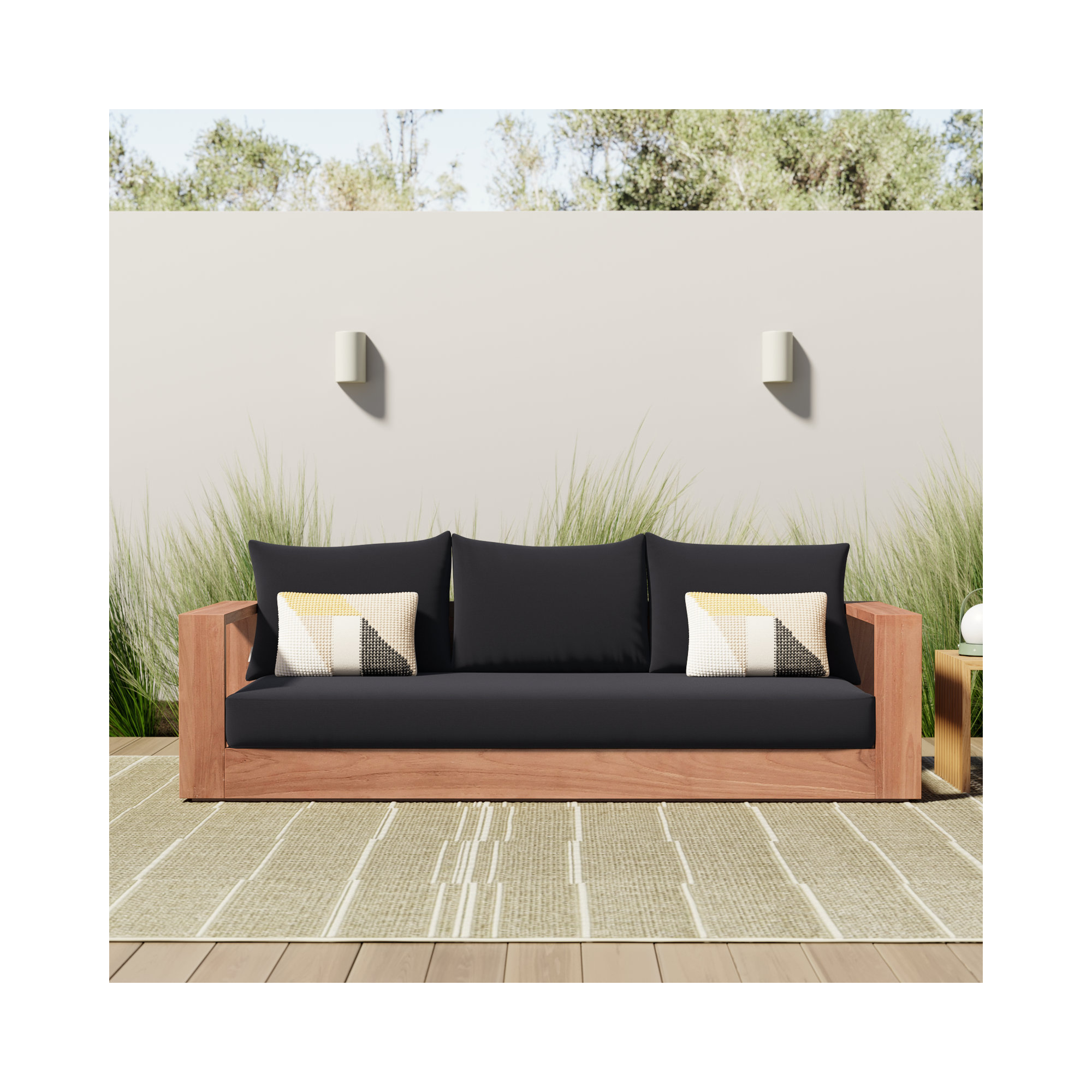 Gazel 87'' Wide Teak Patio Sofa with Cushions, Black