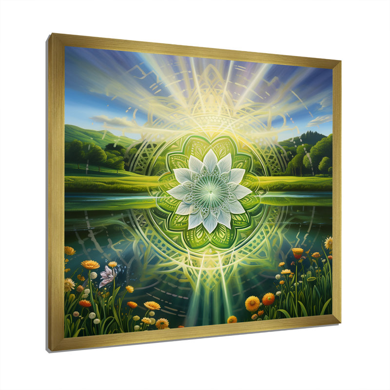Mandala lumineux brillant dans un paysage de paradis I - impression, Cadre doré simple, H 16 po x l 16 po x P 1 po