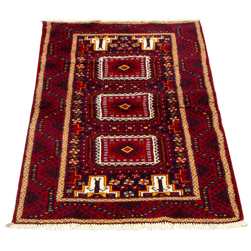 Tapis décoratif en laine rouge à motif de noué à la main New Age de 3 pi 1 po x 6 pi one-of-a-kind Boluwaduro