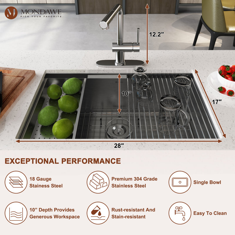 Single Bowl Stainless Steel Undermount Kitchen Sink, 10" H x 19" W x 30" L