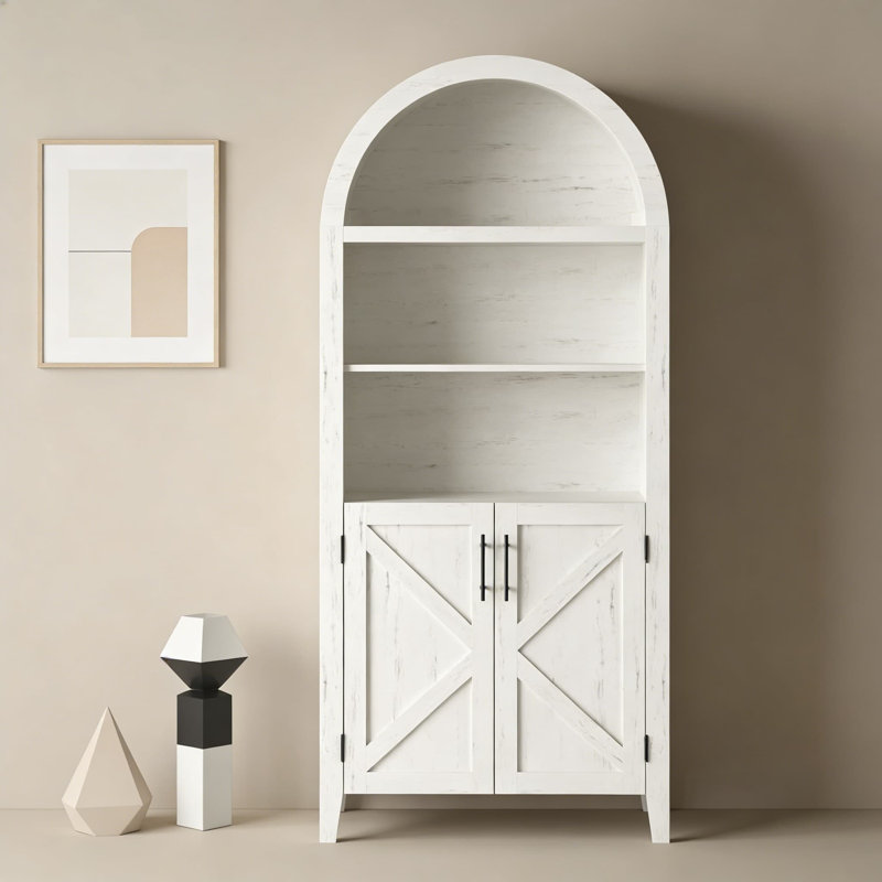 Bibliothèque arquée avec portes et tablettes ouvertes - armoire de rangement moderne à 5 niveaux pour le bureau à domicile, le salon ou la bibliothèque
