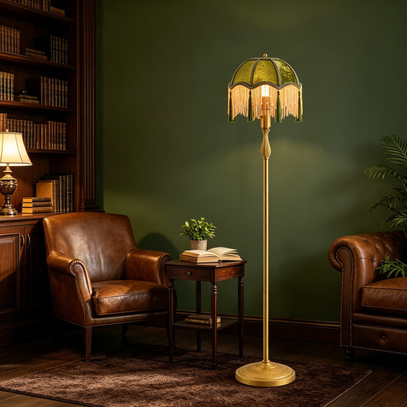 Lampe rétro sur pied avec abat-jour à pampille, lumière DEL réglable à intensité variable, base en métal robuste pour le salon, la chambre à coucher ou le bureau