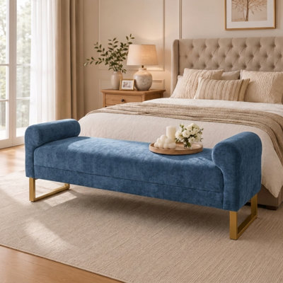 65" Ottoman Bench, Chenille Bench for Bedroom, End of Bed Bench Upholstered and Gold Legs, Bedroom Benches with Arms for Living Room Window and Entryway