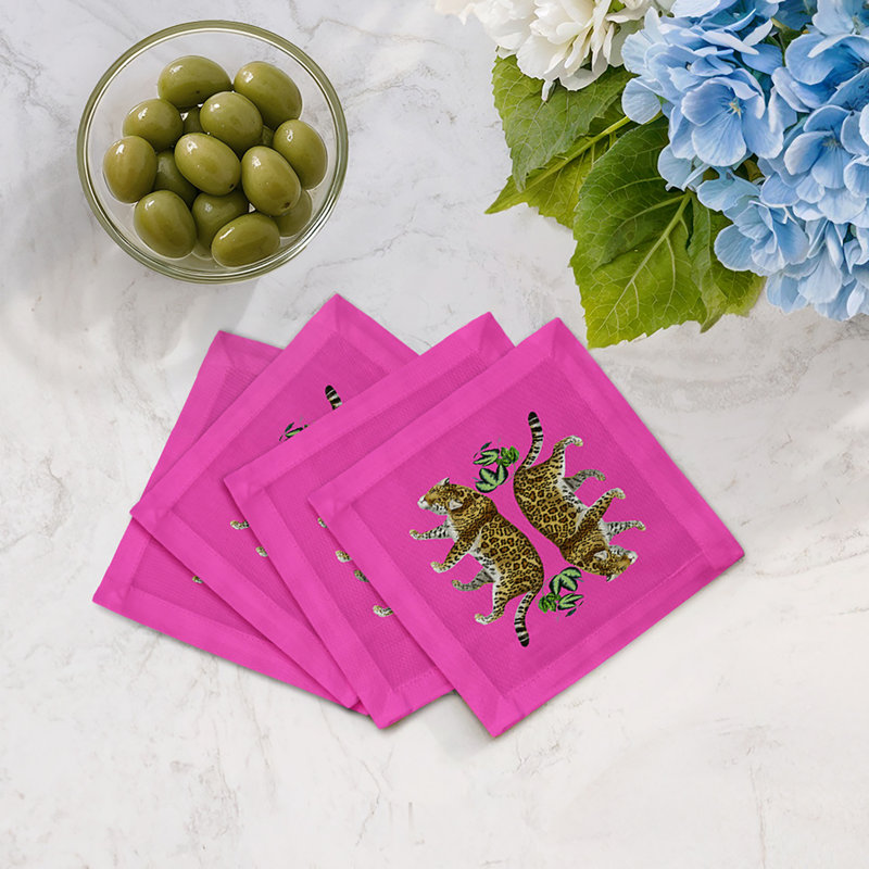 Leopard Seeing Double Cotton Sateen Cocktail Napkins, Hot Pink