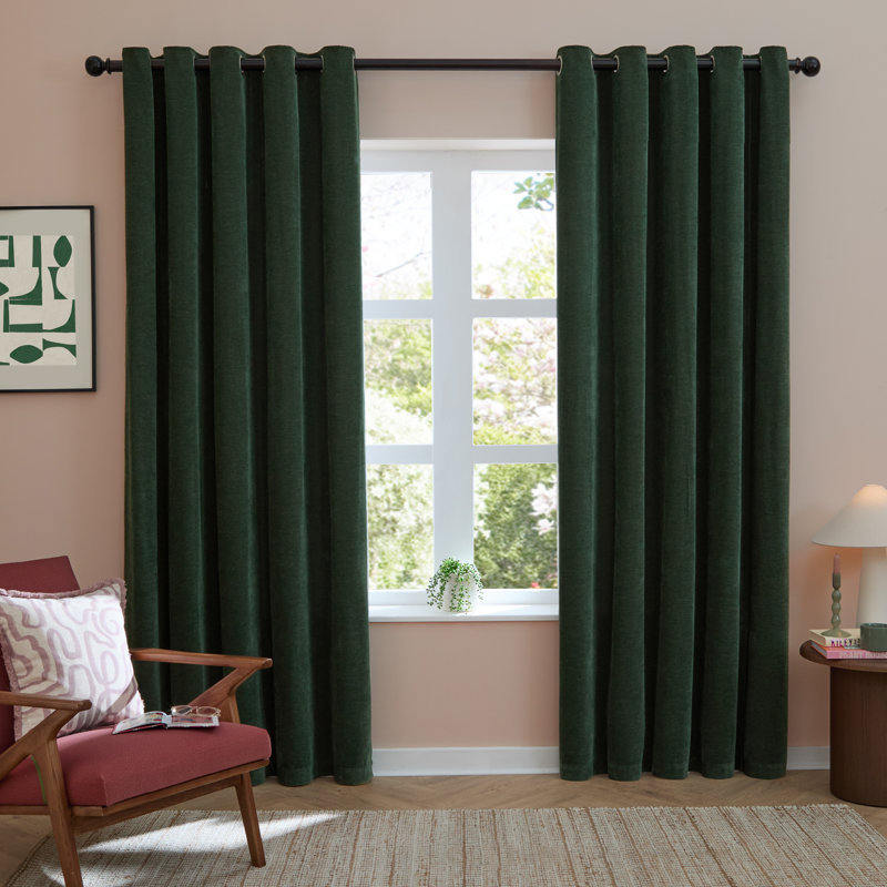 Soft Chenille Blackout Curtain Panel Pair, 229cm Width x 183cm Drop, Dark Green