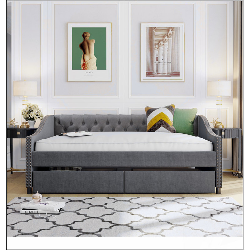 Upholstered Daybed With Two Drawers, Wood Slat Support, Twin