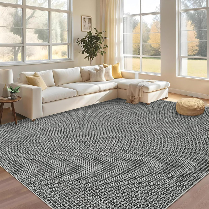 Area Rugs Washable Boho Non-Slip Dining Room Soft Thin Waffle Print Bedroom Indoor Floor Carpet for Living Room Light Grey