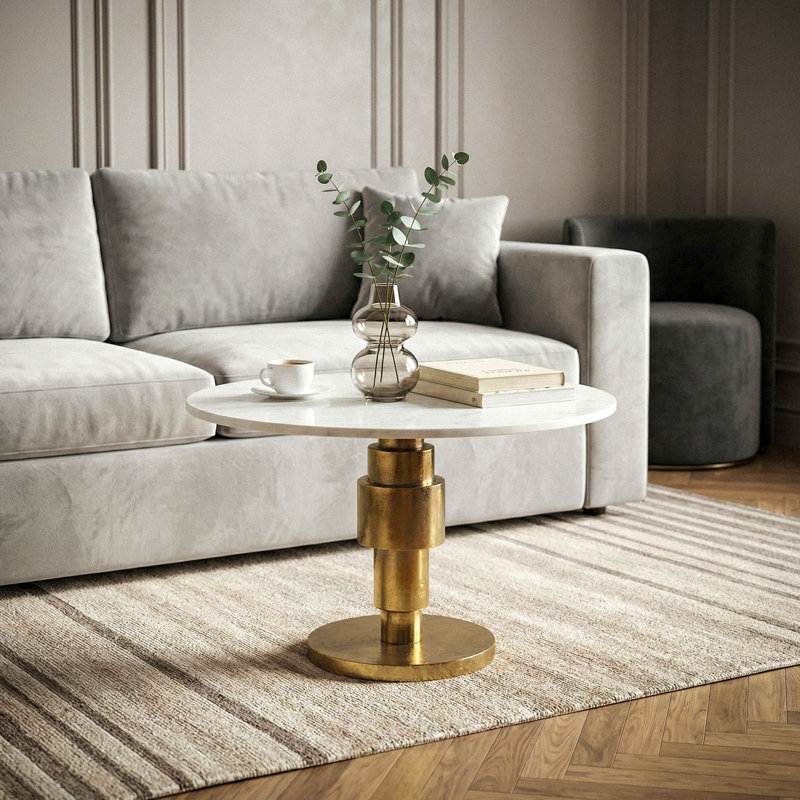 Round White Marble Coffee Table with Silver Aluminium Base, 39cm H x 60cm W x 60cm D, White / Gold, White, Gold