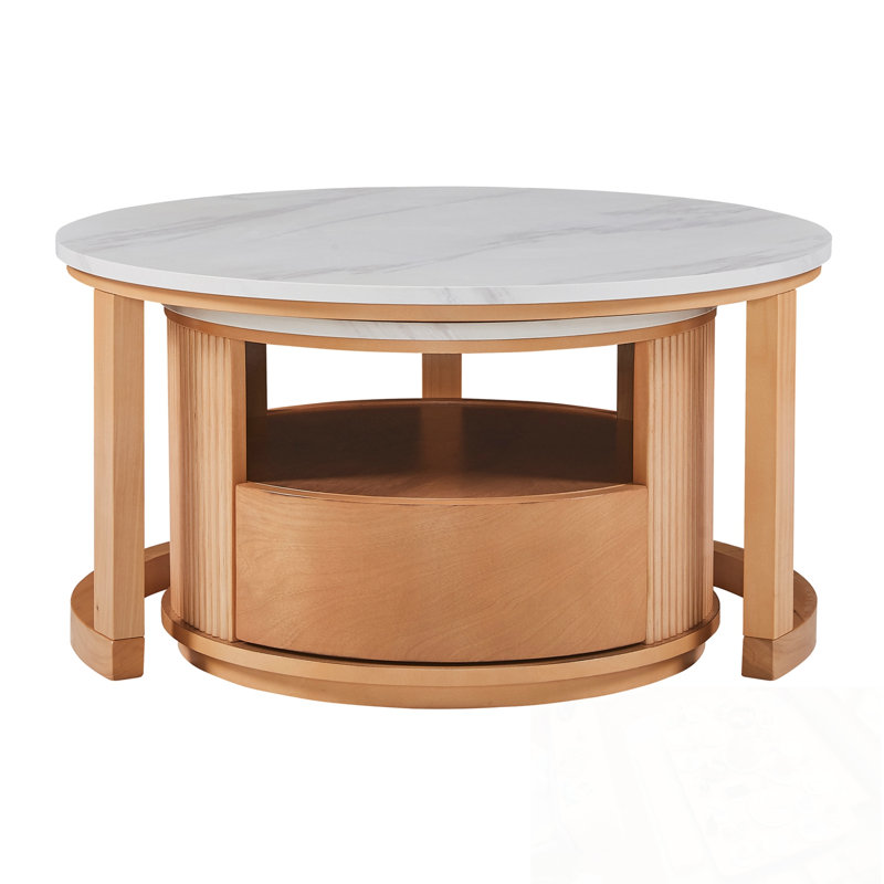 Table basse ronde emboîtable avec plateau en marbre blanc et tiroir