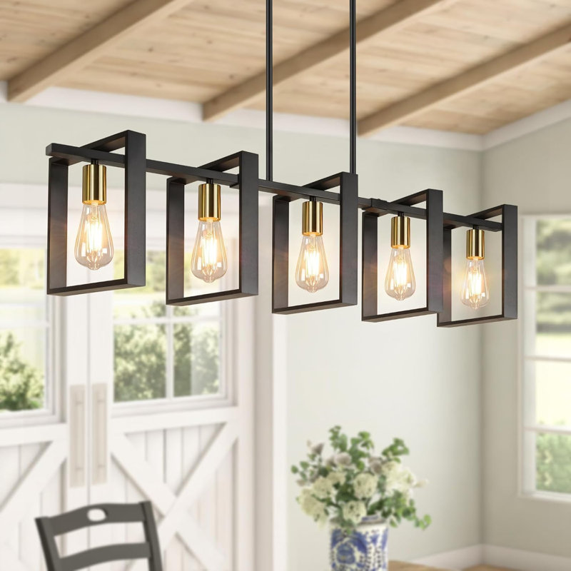 5-Light Black Gold Dining Room Light Fixture, 53’’ Farmhouse Wood Chandelier Kitchen Island Lighting Over Table, Black/Gold
