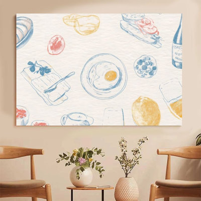 1Pc Framed Canvas Poster Print Breakfast scene, eggs, bread, fruits and wine bottle, hand-painted watercolor style Wall Art Decor, Perfect for Room De