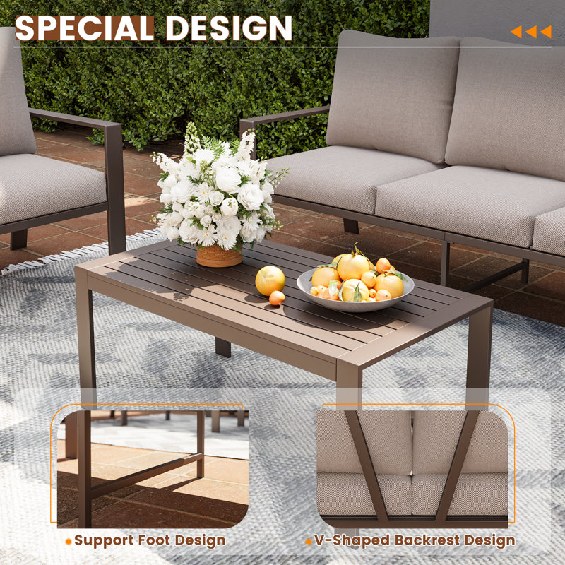 7 Person Sofa Seating Group With Coffee Table And Fire Pit Table, Beige