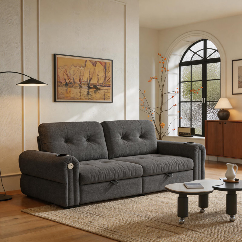 Canapé-lit modulaire en L en chenille gris avec rangement et port USB