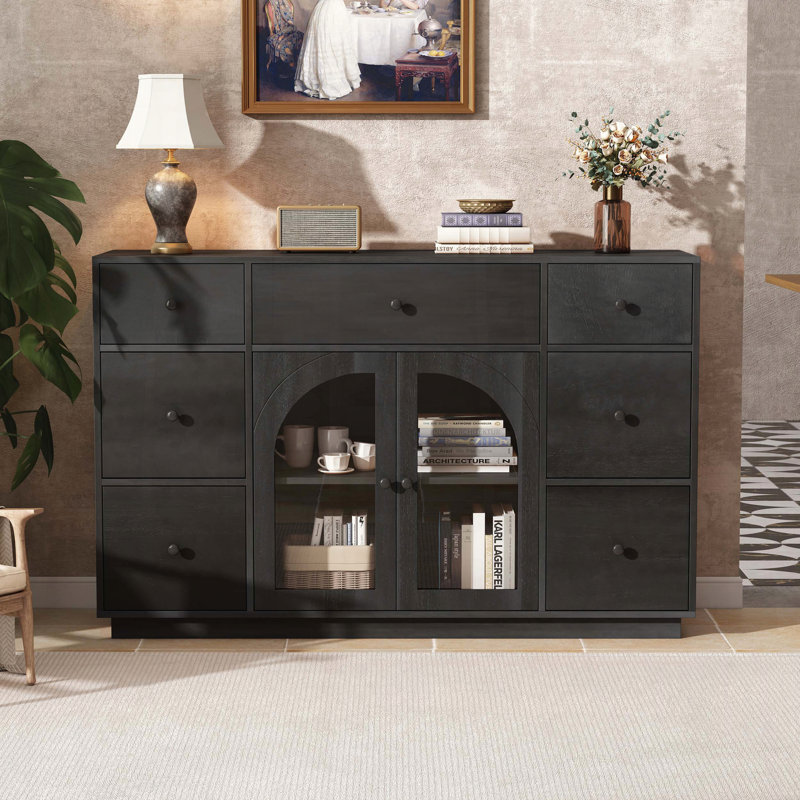 Armoire de rangement noire 55 avec 2 portes et 7 tiroirs, 15.8" H x 55.1" W x 35.8" D, Black