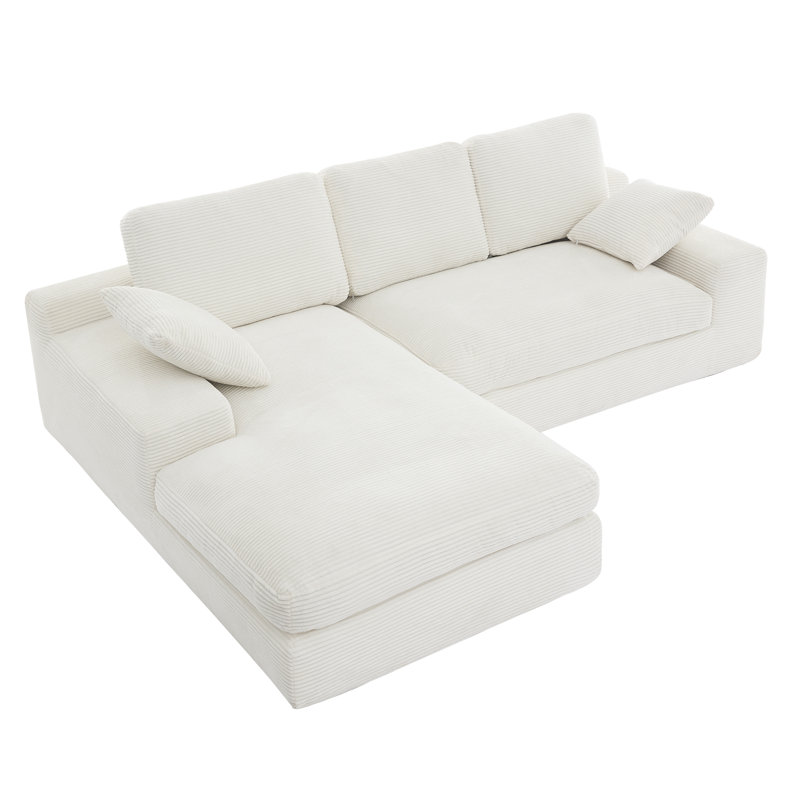 Canapé modulaire en L Corduroy avec 2 coussins et méridienne, Velours côtelé blanc