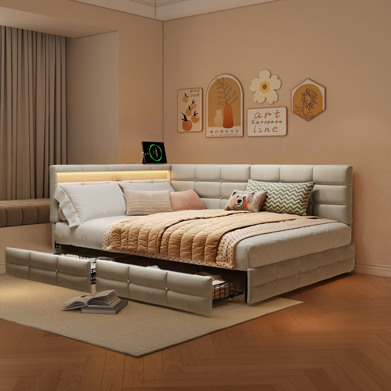Chippenham Daybed With 2 Drawers Without Matress, European Double (140 x 200 cm), Beige
