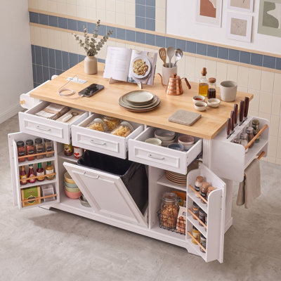 Rolling Kitchen Island Cart with Drop Leaf, Drawers, Doors, Concealed Trash Storage and Built-In Power Outlet