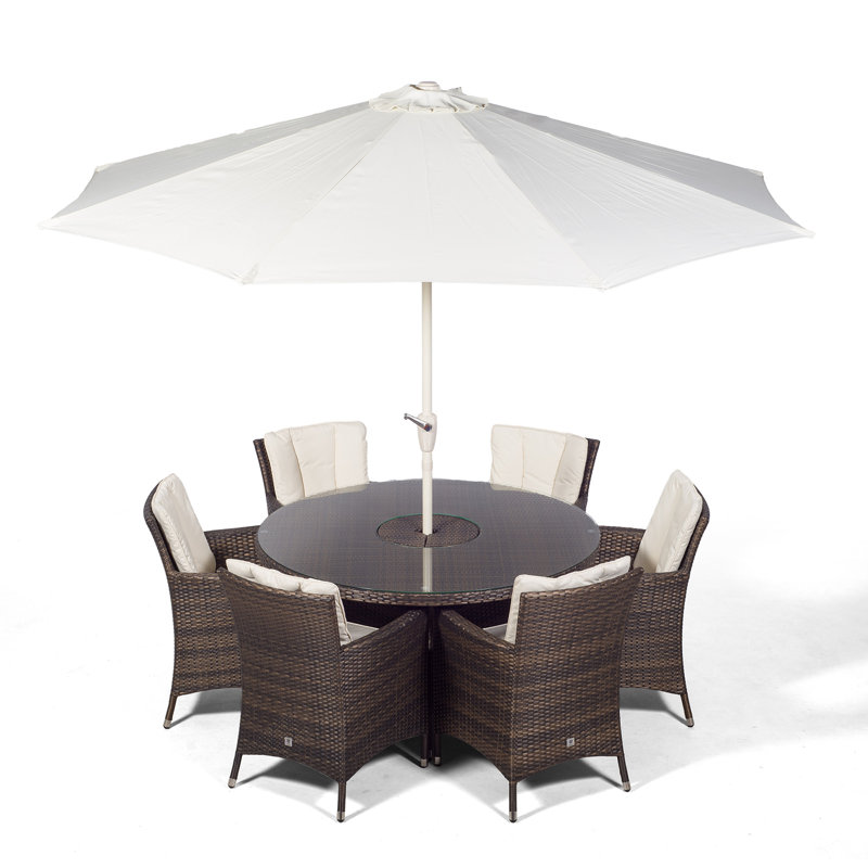 Karcher 6 Seater Dining Set with Cushions and Parasol, Brown