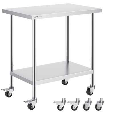 Stainless Steel Work Table 24 x 36 x 38 Inch, Featuring 4 Wheels, 3 Adjustable Height Levels, Heavy-Duty Food Prep Worktable for Commercial Kitchen Restaurant, Silver