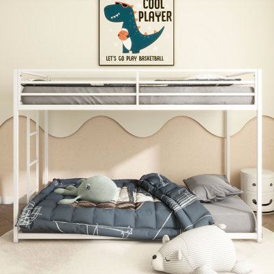 Twin over Twin Bunk Bed, White Metal Frame, Low Profile with Stable Ladder – Durable Bunk Bed for Kids & Adults