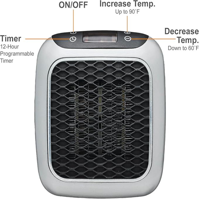 Ontel Handy Heater Turbo Heat 800W Wall Outlet Small Space Heater With Adjustable Thermostat, Programmable 12-Hour Timer, Auto Shut Off - Quiet  Space-Saving Ceramic Mini Heater (Packaging May Vary)