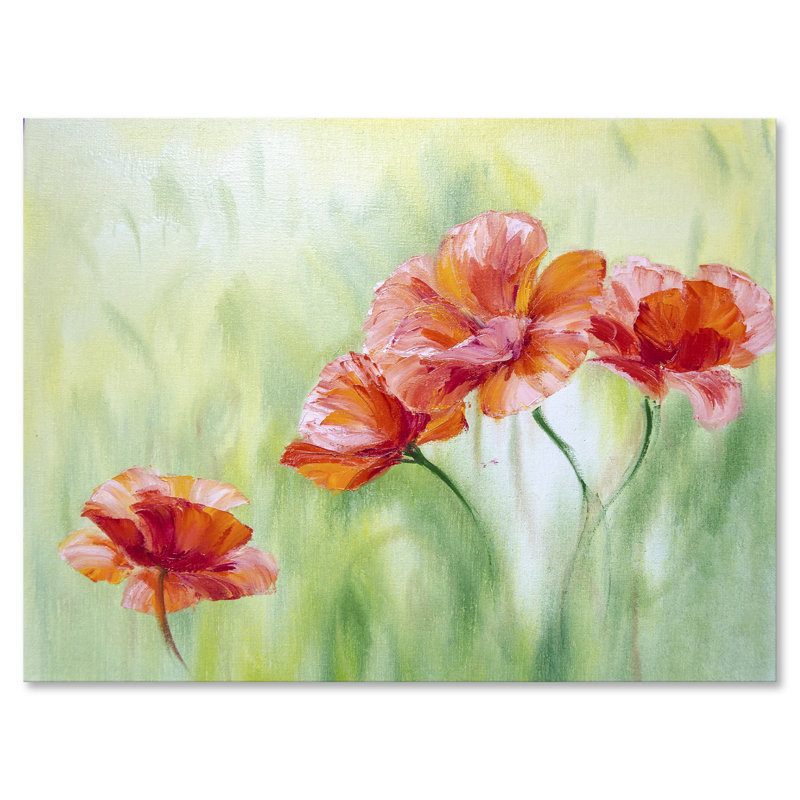 «Red Blossoming Poppies I», peinture sur toile, Toile tendue, H 24 po x l 32 po x P 1 po