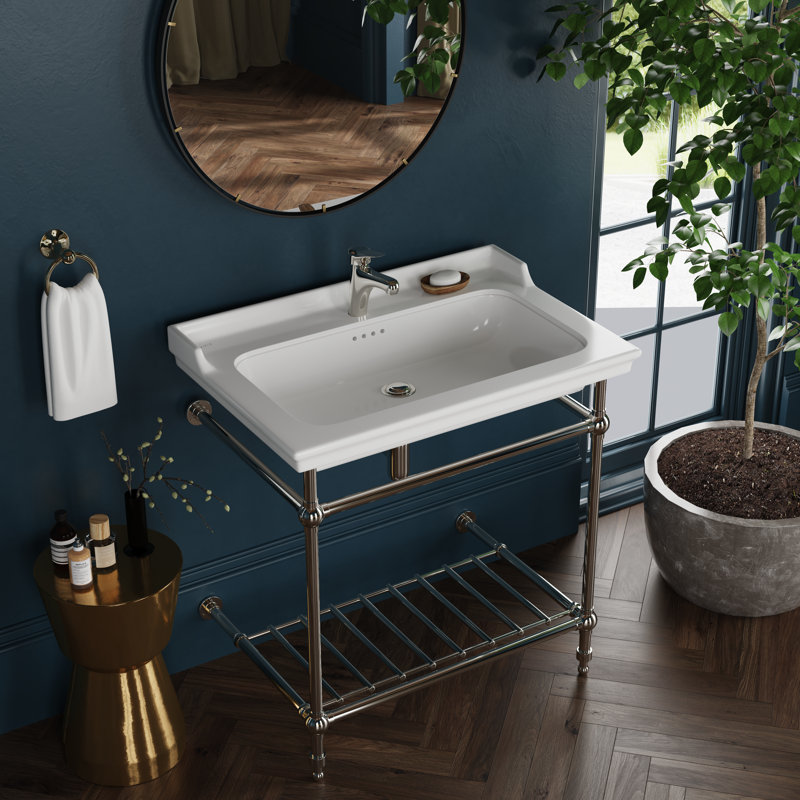 Fireclay Rectangular Console Bathroom Sink with Overflow, Chrome, Single