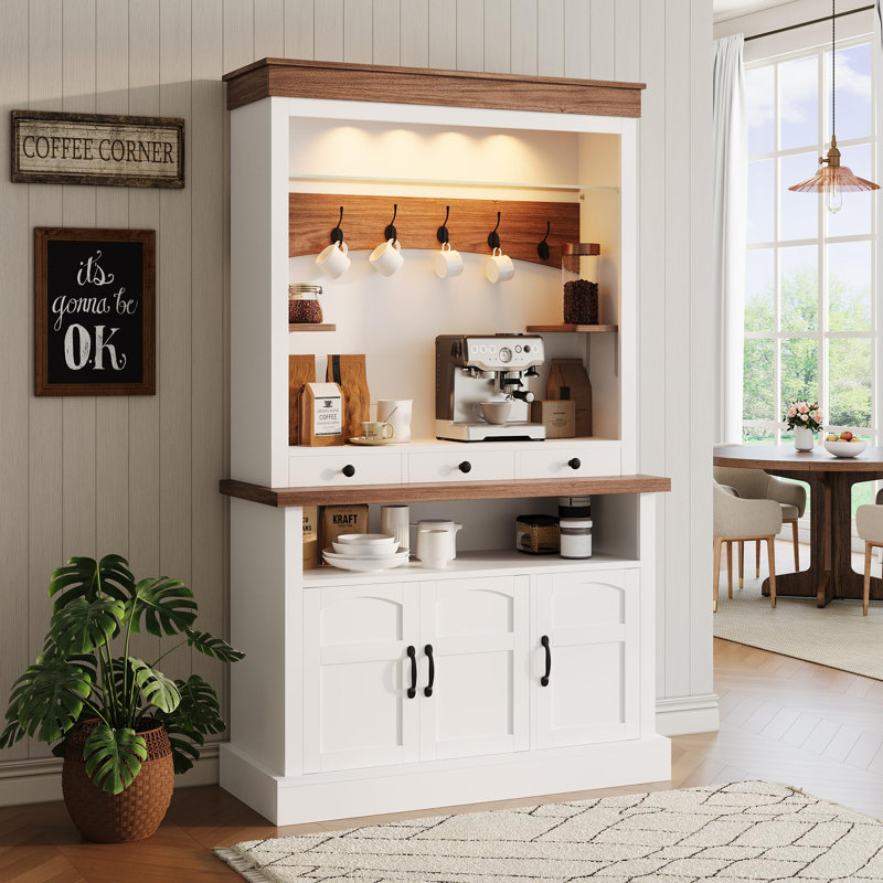 Coffee Bar Cabinet With LED Light, 72" Tall Farmhouse Coffee Bar Hutch With Storage, Sideboard Buffet Cabinet, White