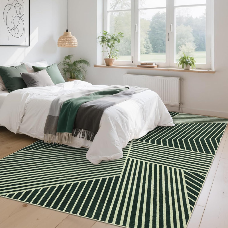 Modern Washable Striped Hallway Runner, Non-Slip, Low Pile, Farmhouse Rug for Kitchen & Laundry - Black, Rectangle 9' x 12'