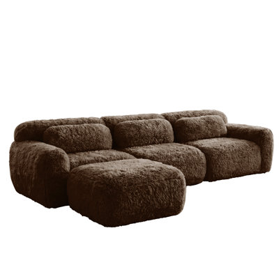 L-Shaped Plush Fabric Sectional Sofa With Compressed Zones, Filled With 32D High-Density Foam, Includes A Removable Ottoman.