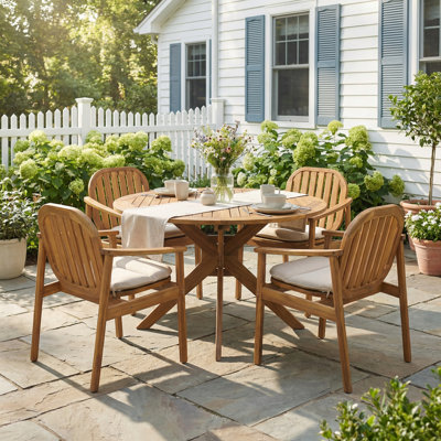 Renaud Modern Rustic Acacia Wood Outdoor Dining Set With Slatted Armchairs And Round Slat Table