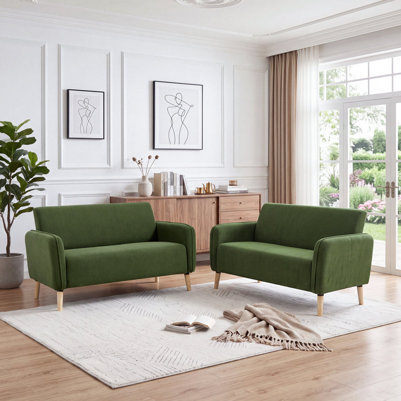 Canapé moderne Zada ​​de 145,5 cm de large, recouvert de velours côtelé, avec pieds en bois massif (ensemble de 2), Green