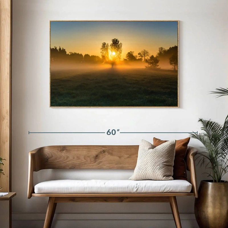 Misty Meadow au lever du soleil, Cadre flottant en bois naturel, 46 po x 31 po