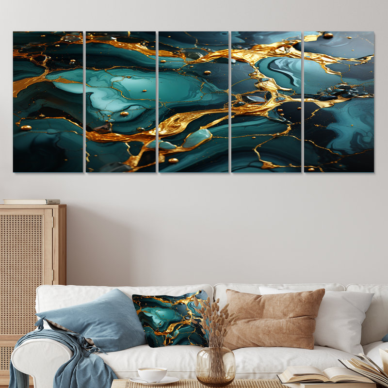 «Topaze dorée et agate verte», art abstrait 5 pièces, H 32 po x l 80 po