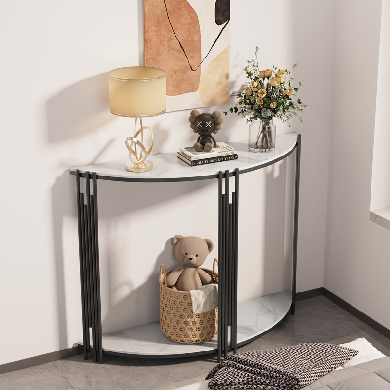 39.4" 2-Tier Half-Moon Sinter Stone Console Table With Black Metal Frame