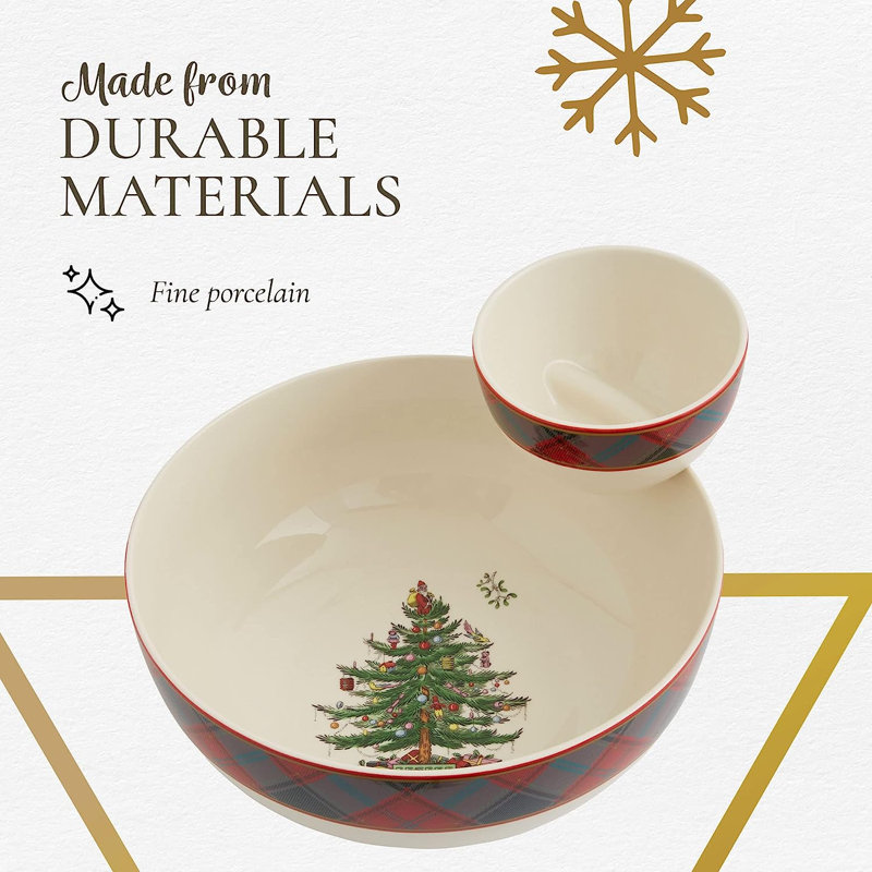 Spode Christmas Tree Tartan 2Pc Tiered Chip&Dip 10"