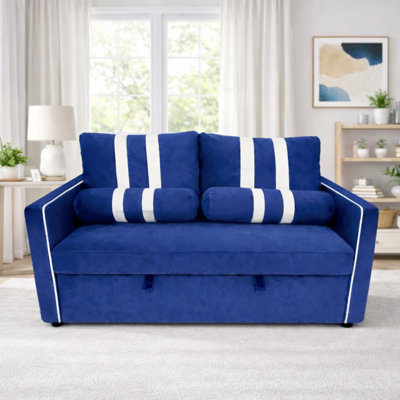 2 Seater Pull Out Sleeper Sofa Bed, Blue Fabric Convertible Loveseat With Adjustable Backrest, Built-In USB Charging Port, Elastic Armrest Panels, Easy Assembly, Modern Sofa Bed For Living Room Or Gue