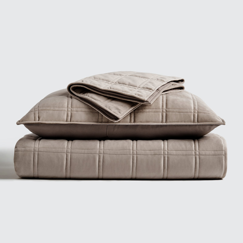 Double Box Stitch Velvet Quilt set, Mocha Brown, King Quilt + 2 King Shams