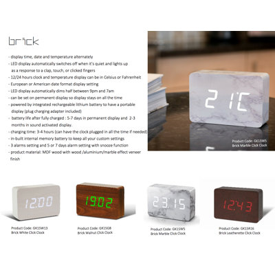 Modern & Contemporary Digital Wood Electric Tabletop Clock with Alarm in Marble