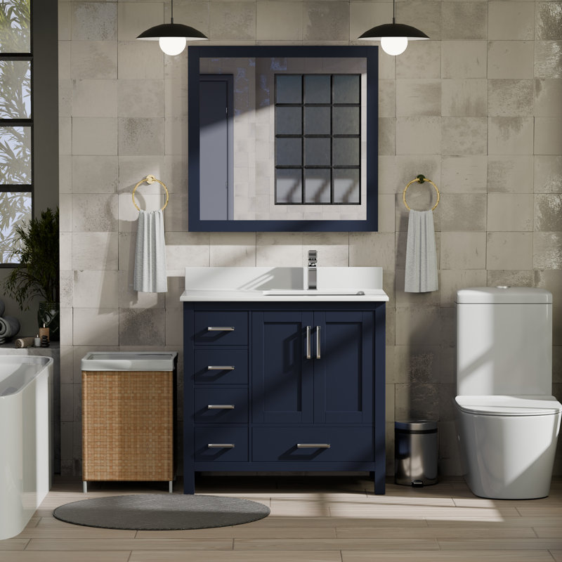 Jacques 36 in. W x 22 in. D Right Offset Bath Vanity and White Top, Navy Blue, White Quartz