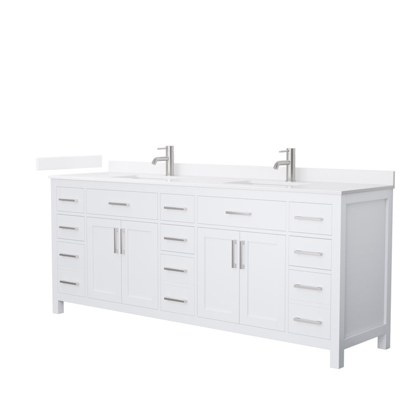 Beckett 84" Freestanding Double Bathroom Vanity with Quartz Top, White, Brushed Nickel, White Quartz