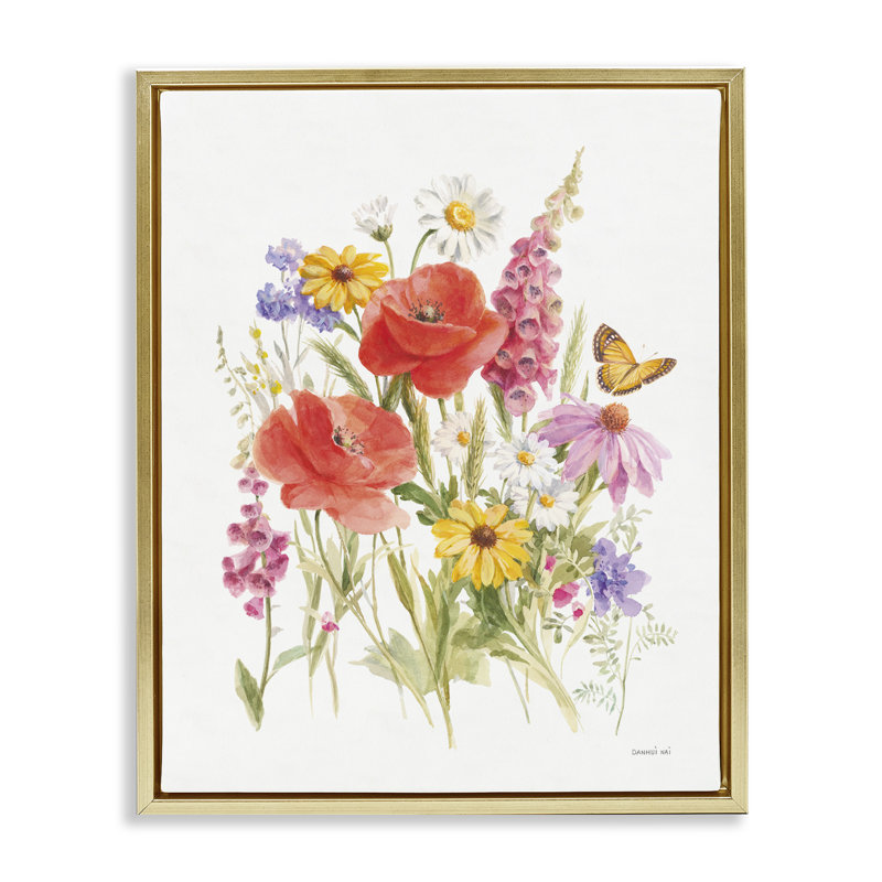 «Bright Flowers & Butterfly», art mural encadré par Danhui Nai, Cadre flottant métallique doré, H 21 po x l 17 po