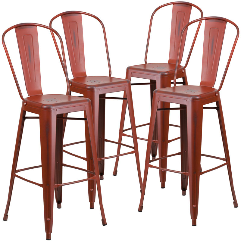 Commercial Grade Distressed Metal Indoor-Outdoor Counter Height Stool with Back, Bar Stool (30" Seat Height), Kelly Red