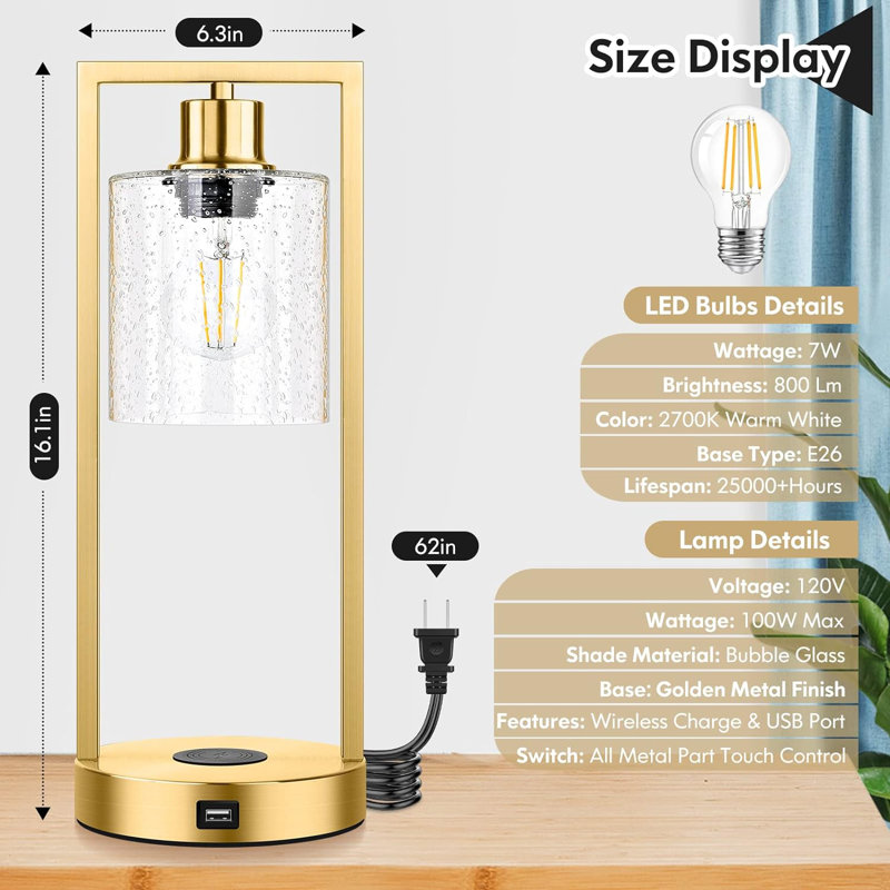 Wulfe Metal USB Table Lamp, Clear, Gold