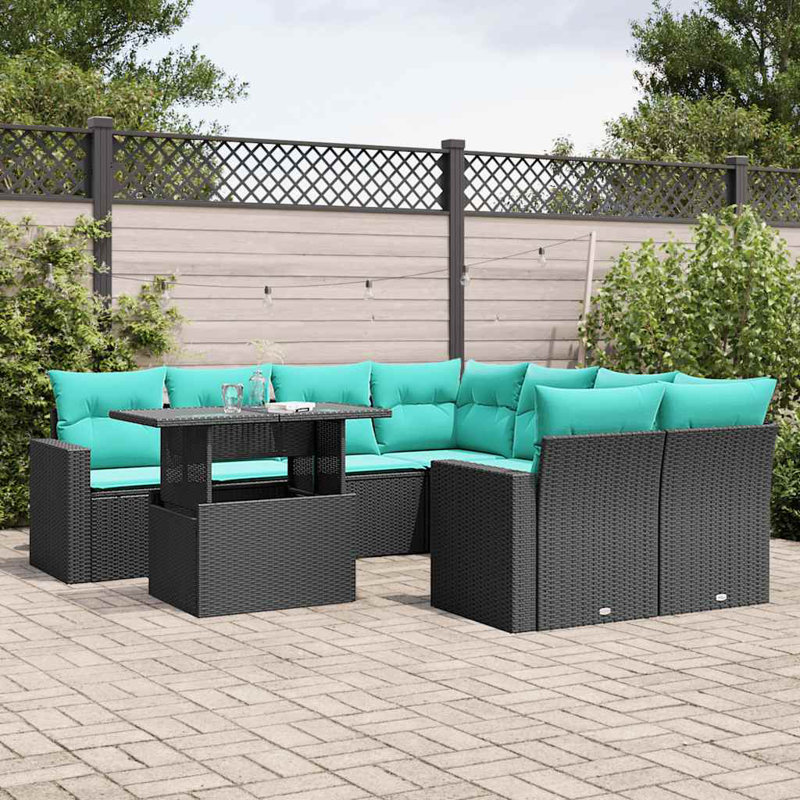  Ensemble de canapé de patio 9 pièces avec coussins en rotin de polyester noir, Bleu clair, Noir