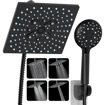 Douche à pluie haute pression, avec pomme de douche à main, pomme de douche à pluie carrée multifonctionnelle, 5 modes de combinaison de jet manuel, pomme de douche à main détachable, double noir mat