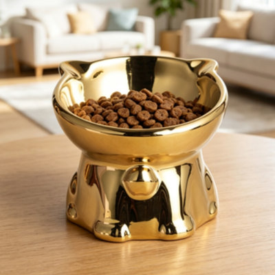 Metallic Shiny Gold Cartoon Cat Shaped Elevated Ceramic Cat Bowl, Tilted Raised Neck Support Pet Feeding Dish, Anti-Tip Ceramic Food & Water Bowl for Kittens and Adult Cats