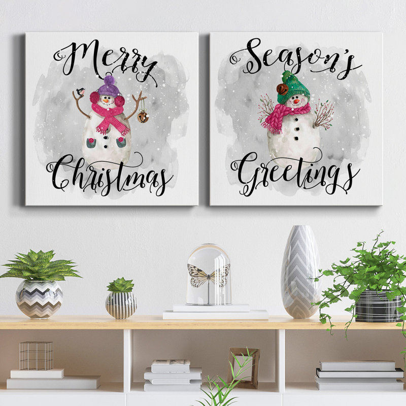Bonhomme de neige «Merry Christmas» - ensemble de 2 reproductions sur toiles tendues, H 10 po x l 10 po x P 1 po
