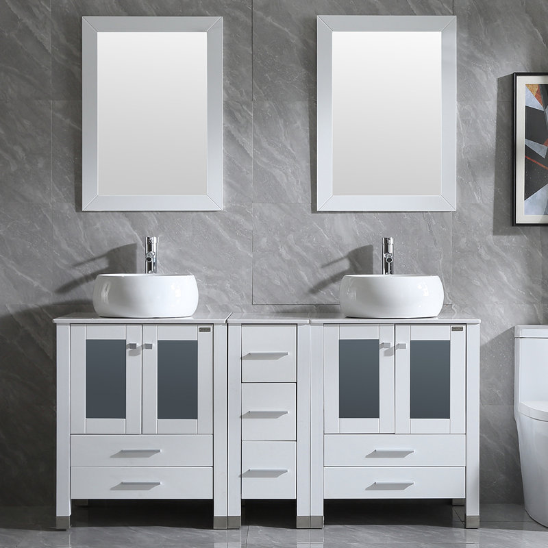Ensemble de meuble-lavabo double 61,5 po avec miroir Manni, Blanc